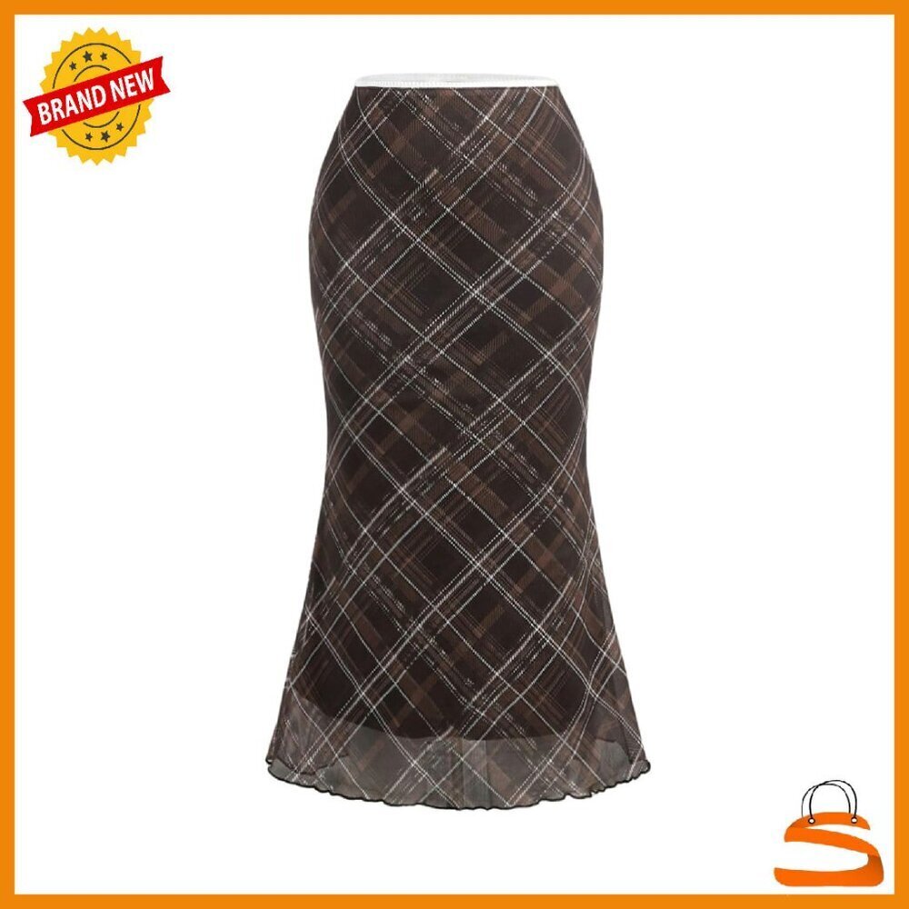 Women's Plaid Bodycon Midi Skirt High Waisted Vintage Mesh Fishtail
